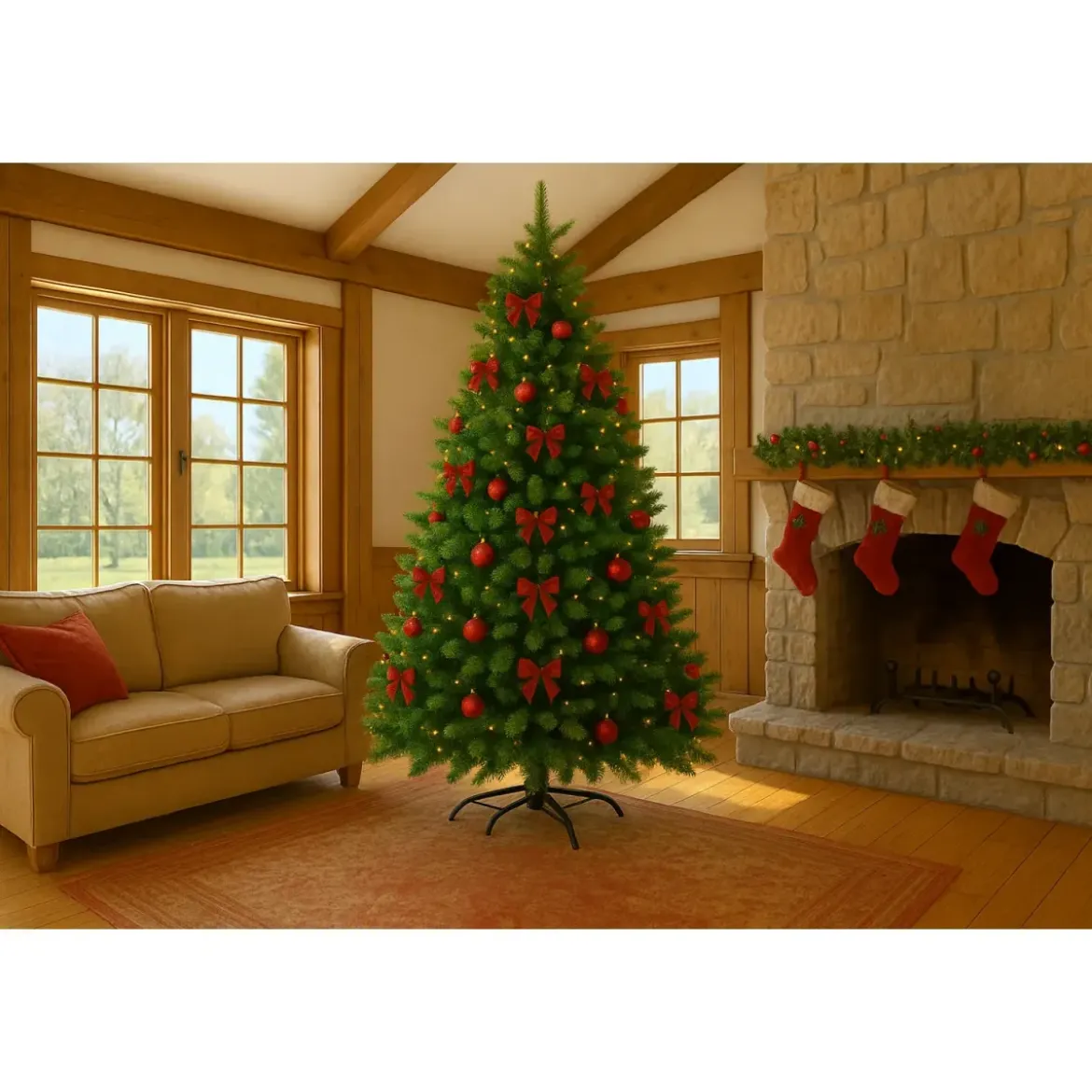 Albero di Natale Folto in PVC Verde 210 cm Realistico con Base a Croce