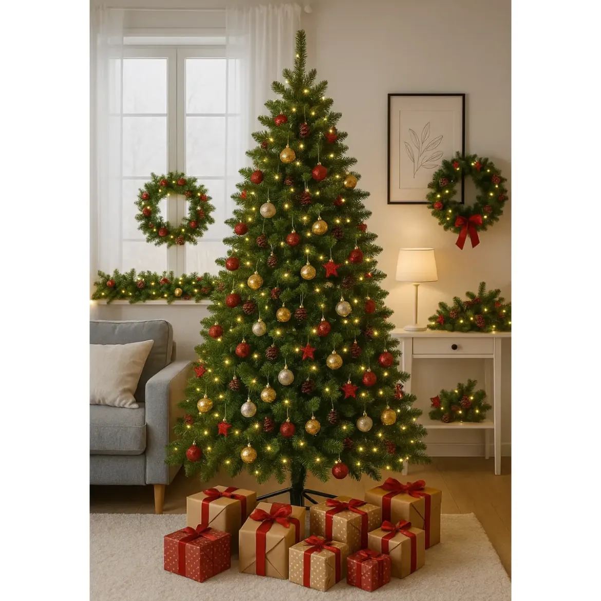 Albero di Natale in PVC 180 cm Realistico con Base a Croce Verde Folto