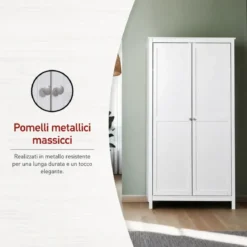 Armadio Camera da Letto 2 Ante con Asta Appendiabiti Legno Bianco