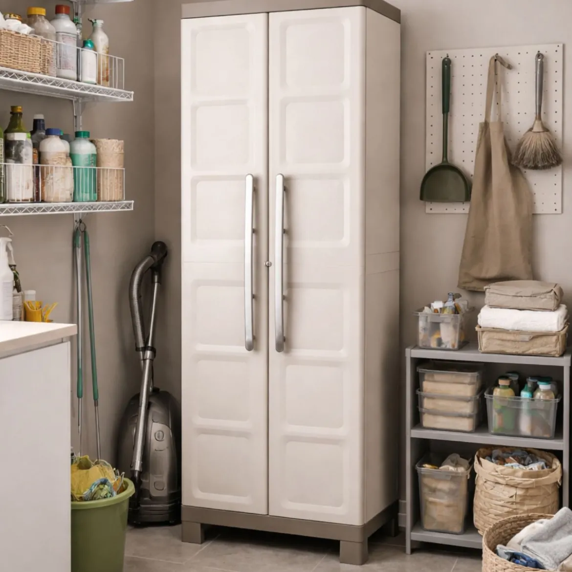 Armadio Keter in Resina Alto da Esterno Tortora Multiuso Portascope Beige 2 Ante