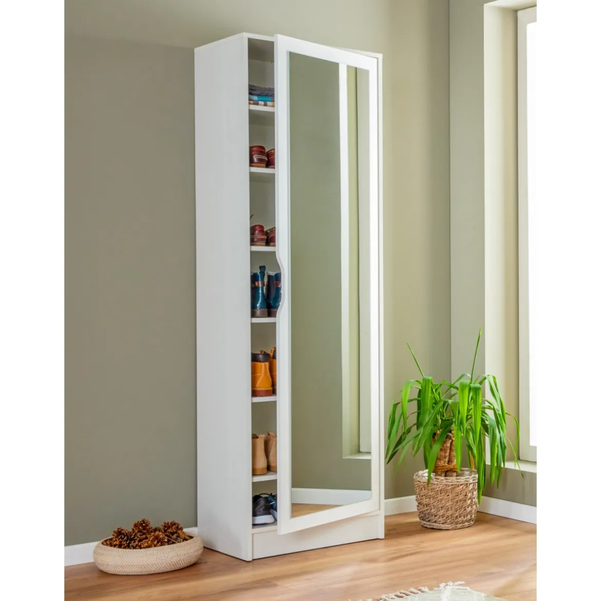 Armadio Scarpiera con Specchio Mobile Alto Bianco in Legno Porta Scarpe