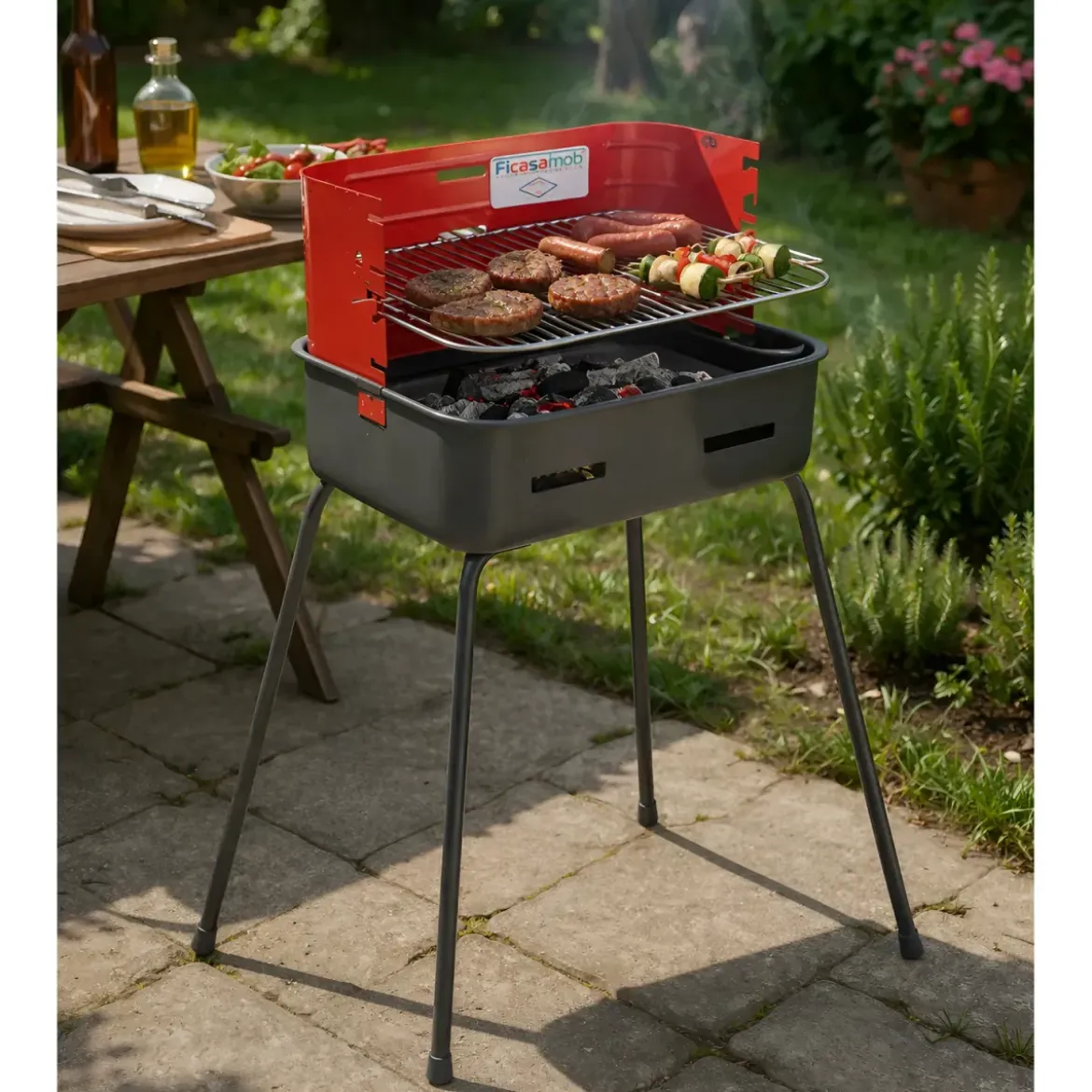 Barbecue a Carbonella 37x27x66 cm Griglia Regolabile Acciaio Rosso