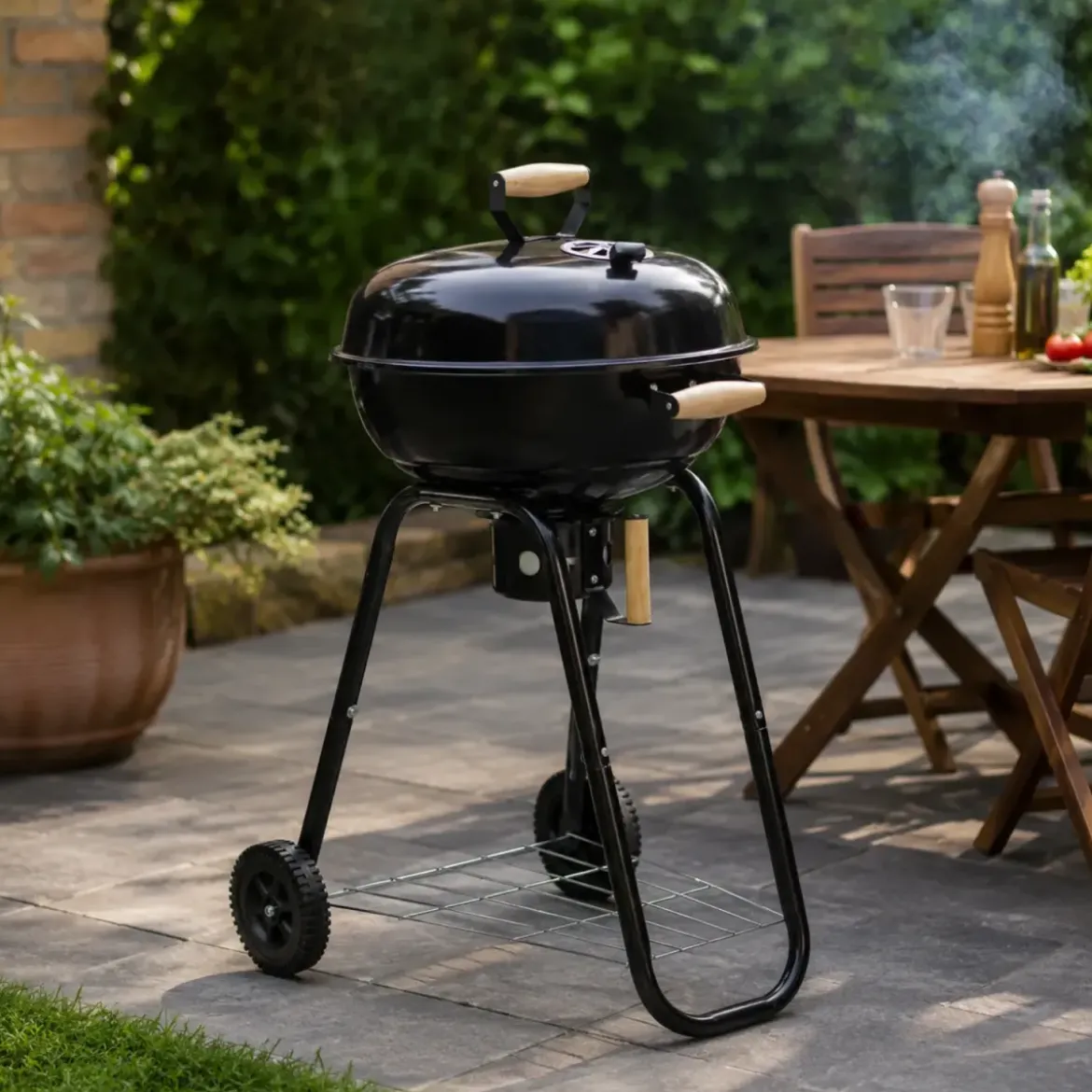 Barbecue a Carbone Rotondo con Griglia Inox Coperchio con Termometro