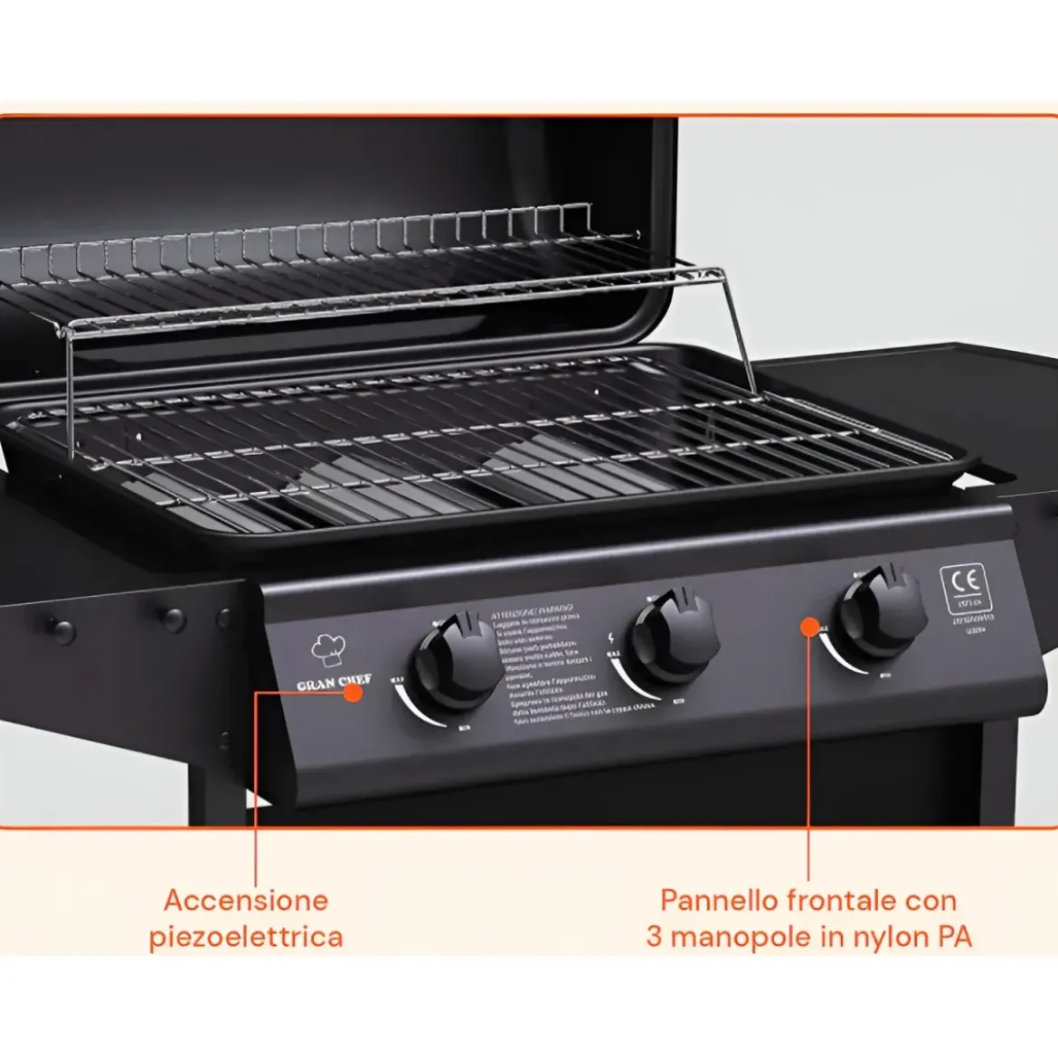 Barbecue a Gas da Esterno 107x55x95,5H cm a 3 Fuochi Acciaio Nero