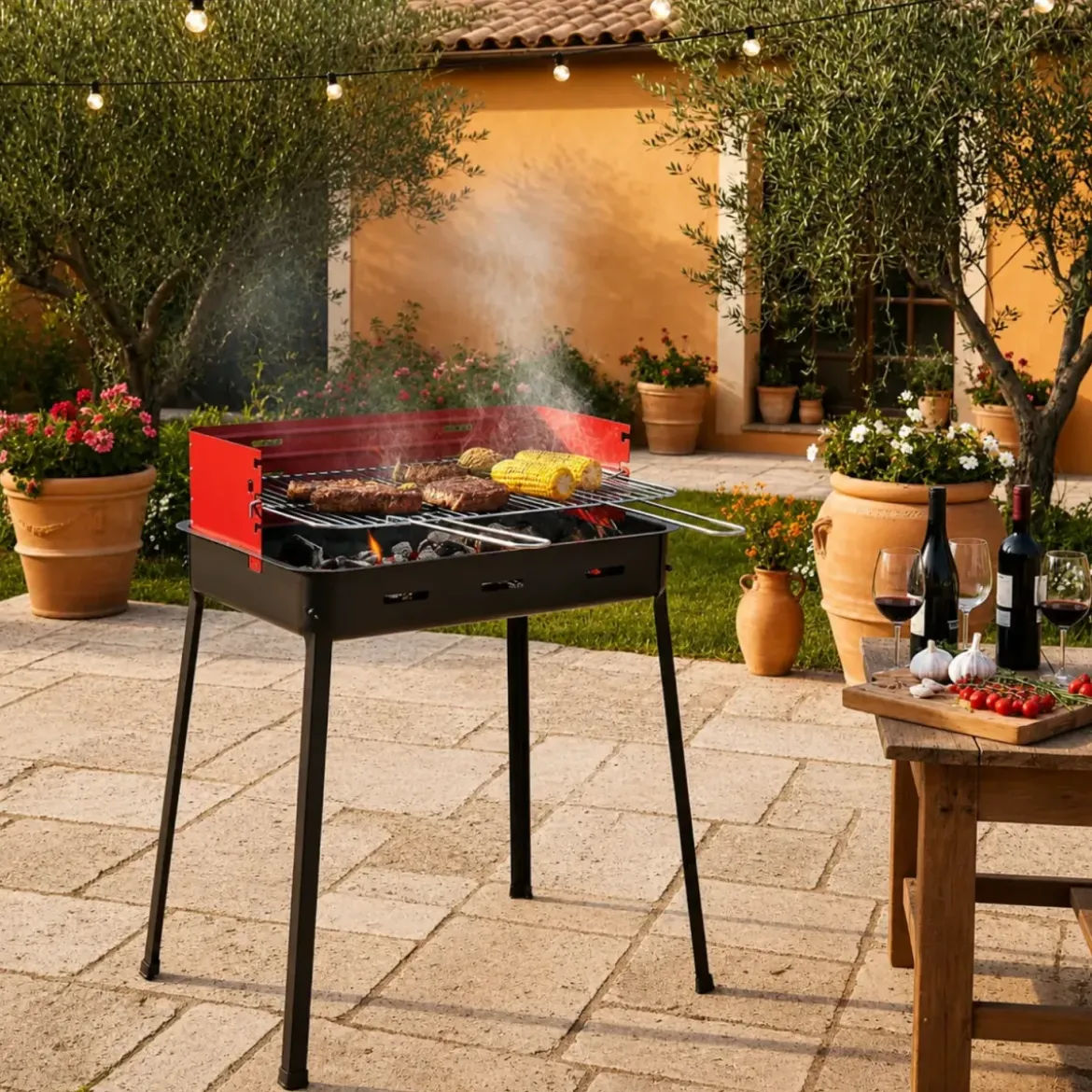 Barbecue Portatile da Esterno a Carbonella con Griglia Regolabile