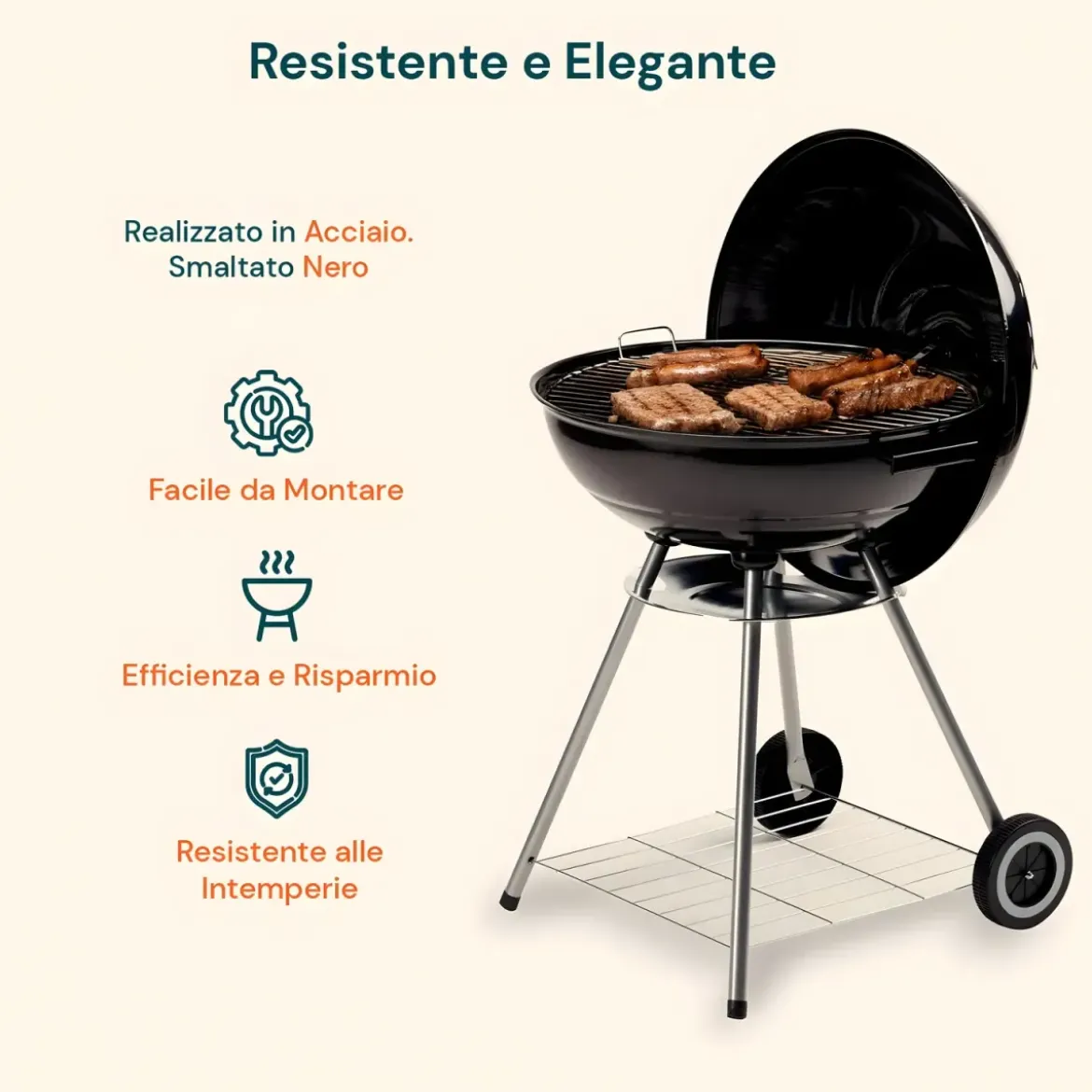 Barbecue Tondo Carbone Giardino Legna Carbonella Carrello Grigliata Griglia 45cm