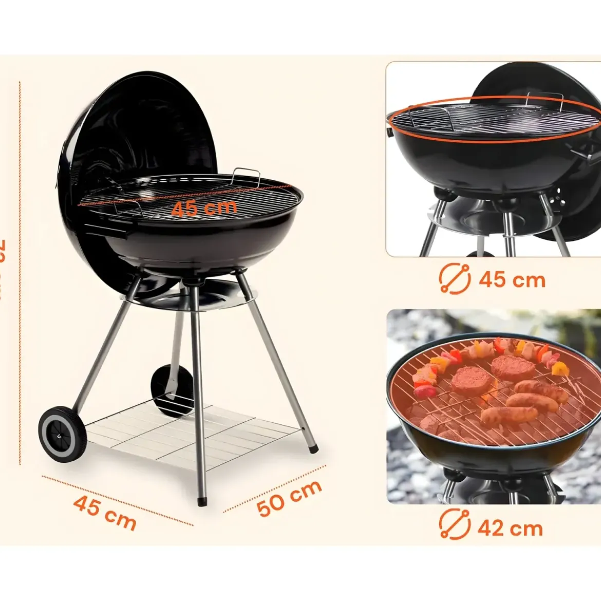 Barbecue Tondo Carbone Giardino Legna Carbonella Carrello Grigliata Griglia 45cm