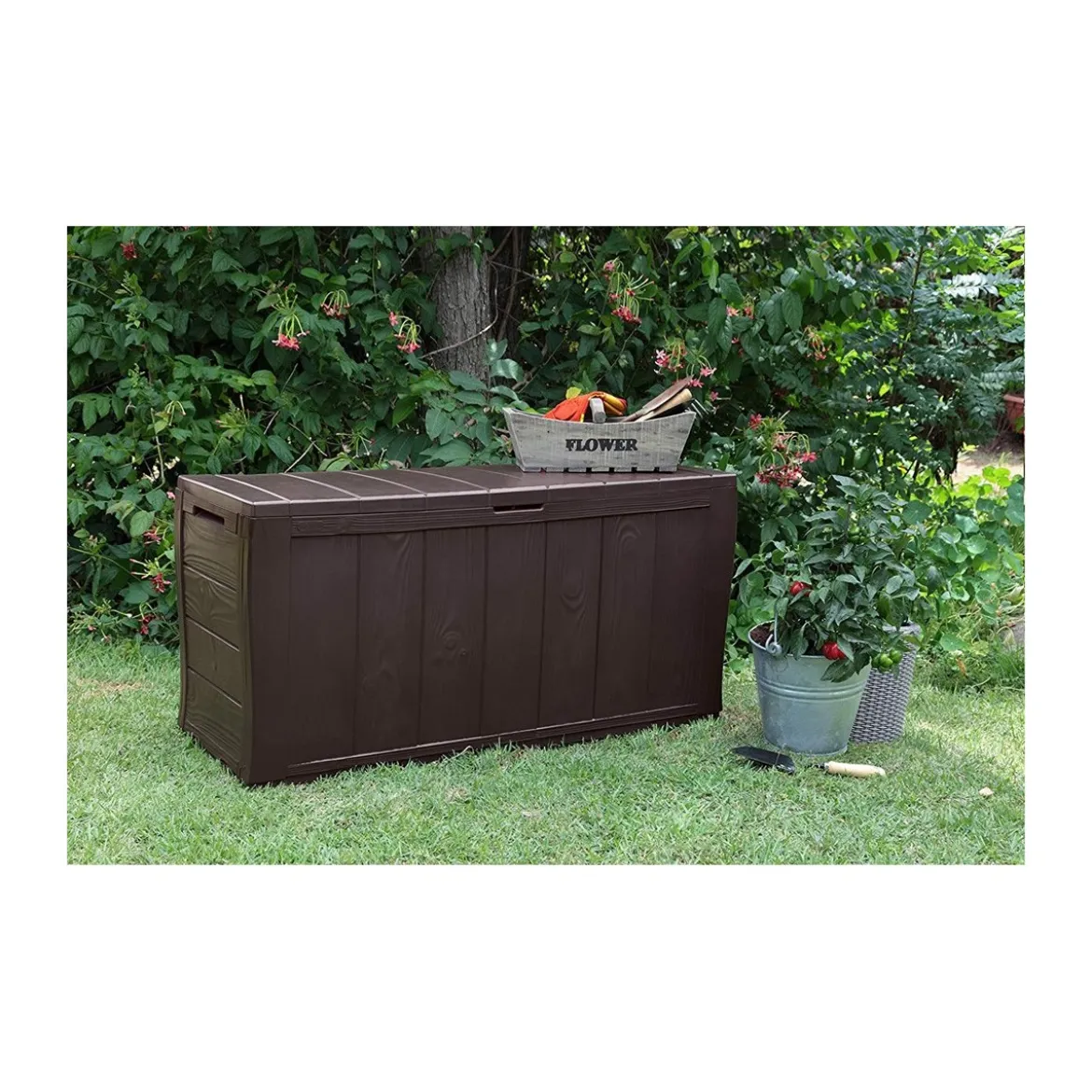 Baule Cassapanca Contenitore Balcone Seduta Marrone 270 Litri Maniglie con Ruote