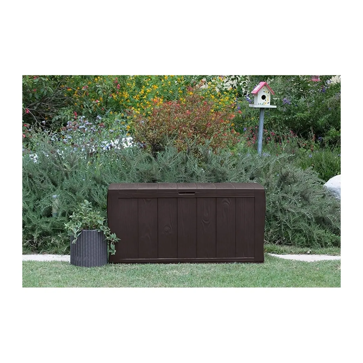 Baule Cassapanca Contenitore Balcone Seduta Marrone 270 Litri Maniglie con Ruote