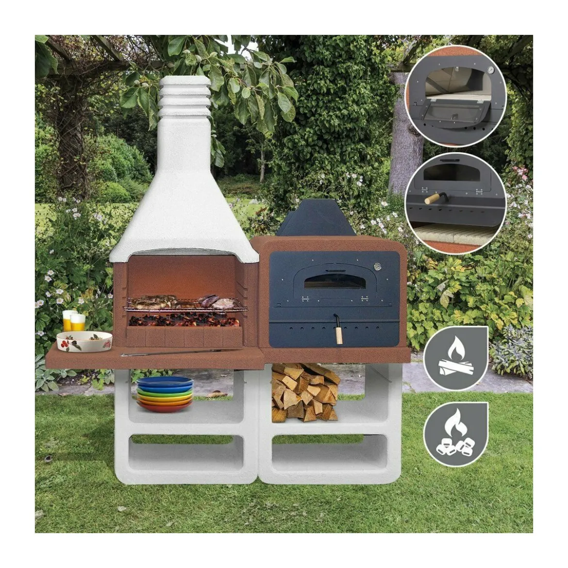 BBQ a Carbonella Legna con Forno Barbecue in Muratura Cemento Giardino Esterno