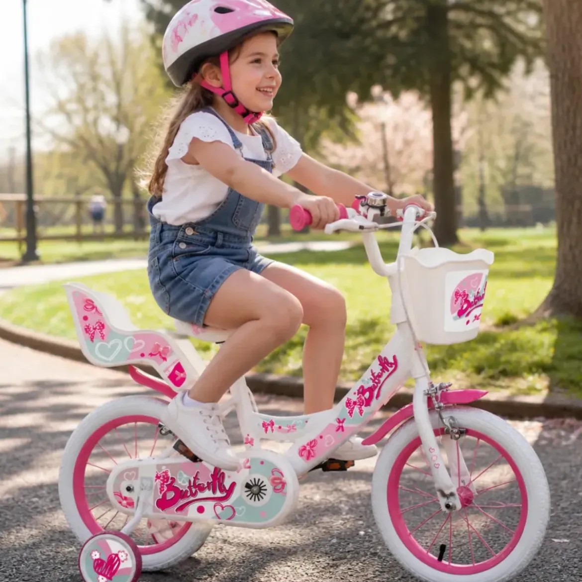 Bicicletta Bambini 16" Bianco Rotelle Removibili Seggiolino Cestino
