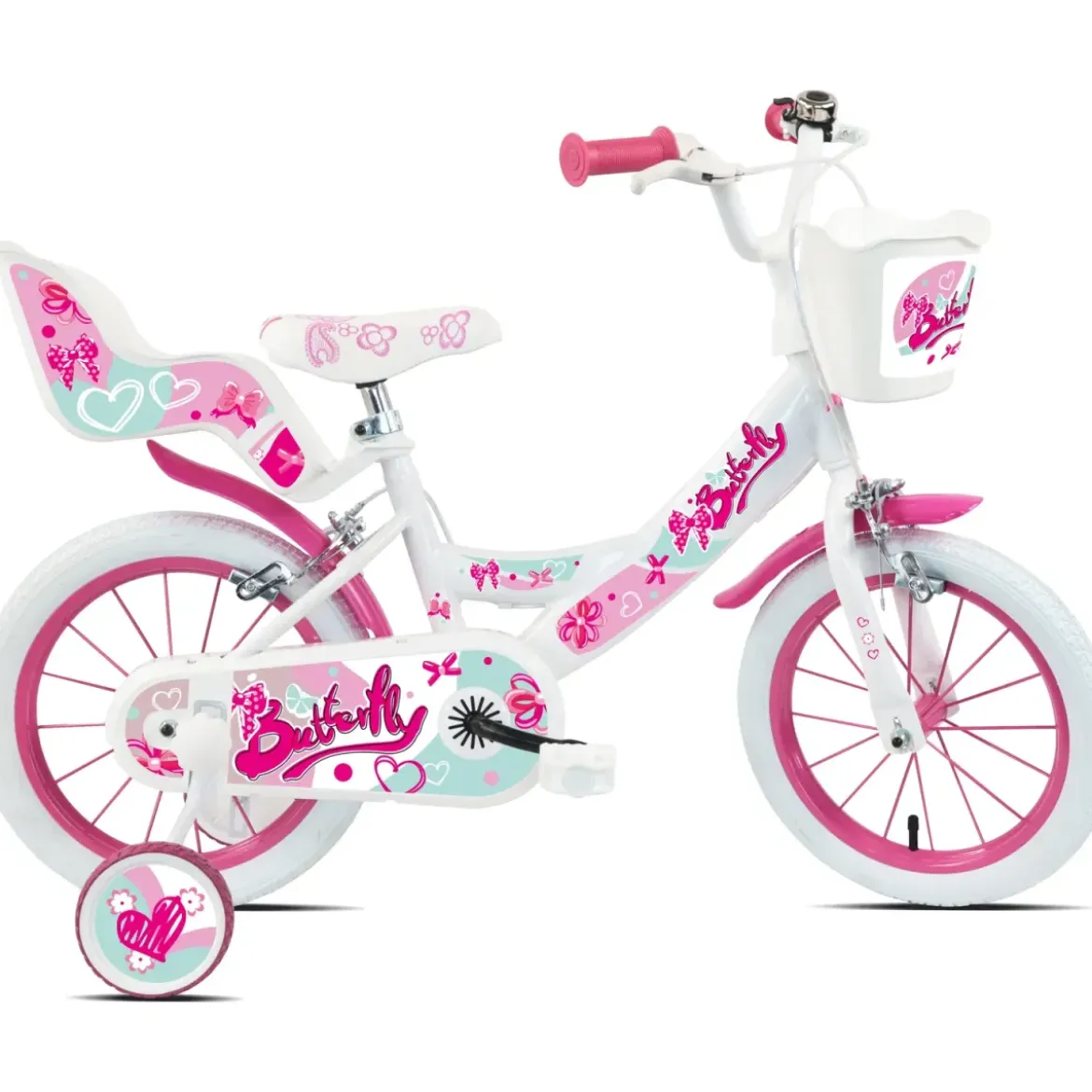 Bicicletta Bambini 16" Bianco Rotelle Removibili Seggiolino Cestino