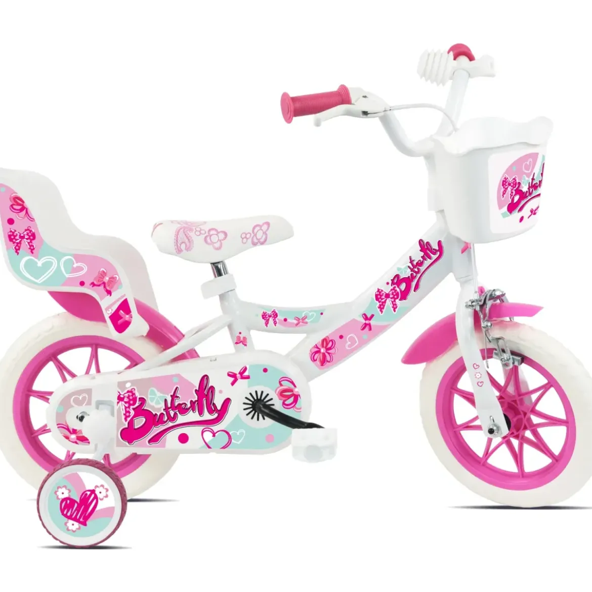 Bicicletta Bambini 12" Bianco Rotelle Removibili Seggiolino Cestino