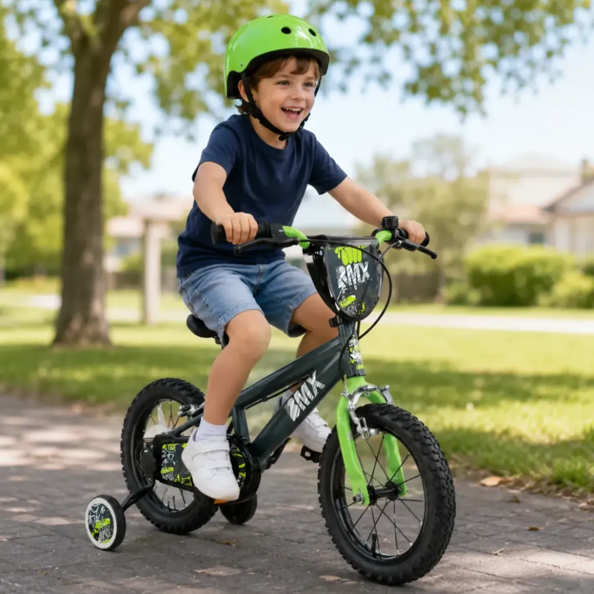 Bicicletta BMX per Bambini 14" Verde con Rotelle Removibili Borraccia