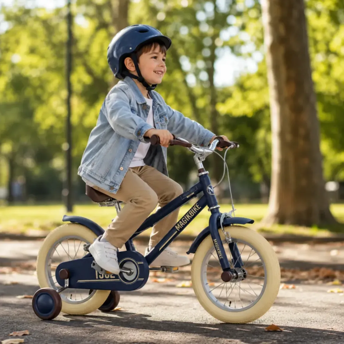 Bicicletta per Bambini 14" Blu Vintage Regolabile con Stabilizzatori