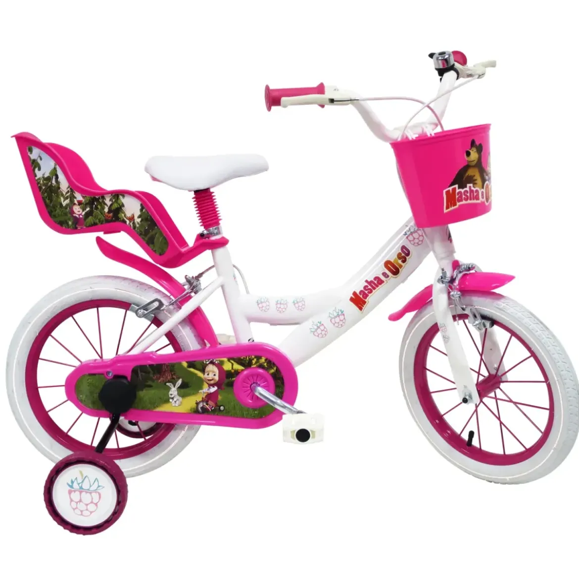 Bicicletta per Bambini 16" Masha e Orso Bianco con Portabambola Rotelle