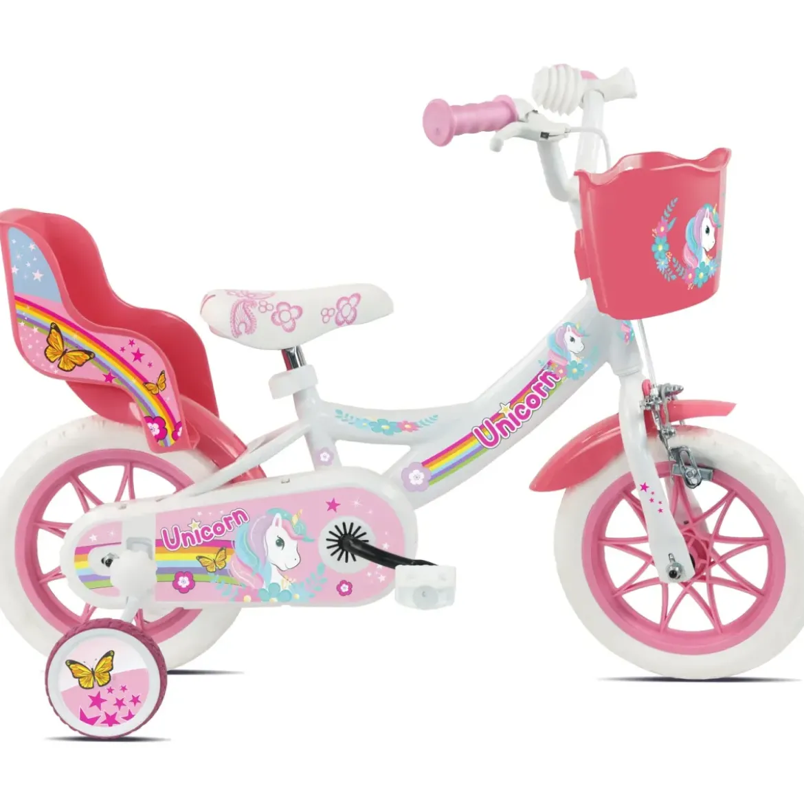 Bicicletta per Bambini 12" Rosa Unicorno Rotelle Removibili Cestino