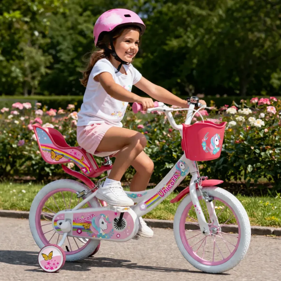 Bicicletta per Bambini 14" Rosa Unicorno Rotelle Removibili Cestino