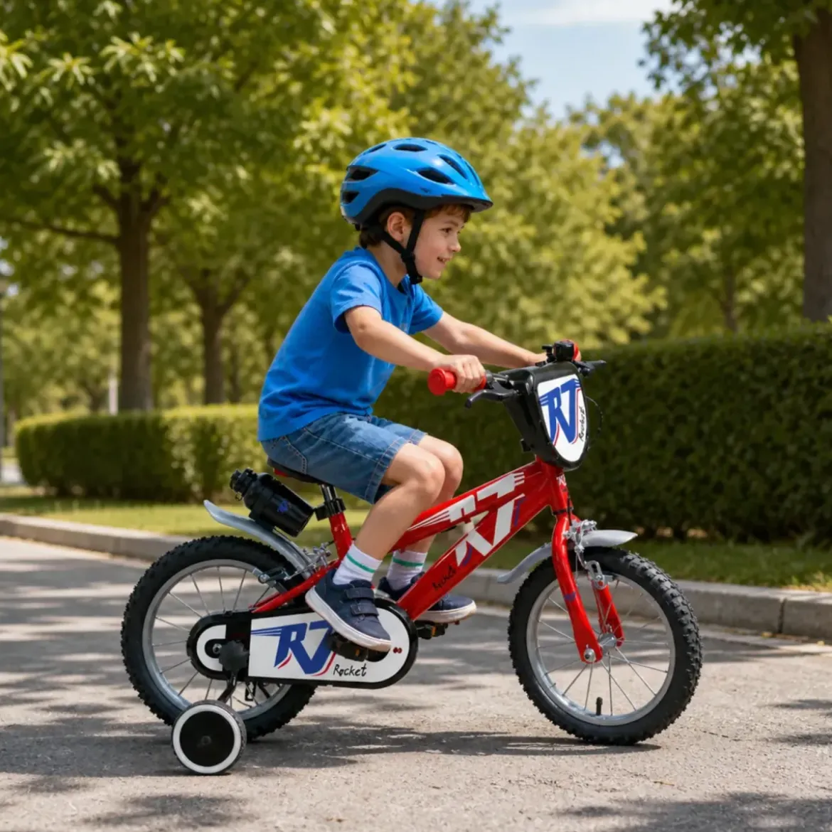 Bicicletta per Bambini 14" Rosso Rocket Rotelle Borraccia Trombetta