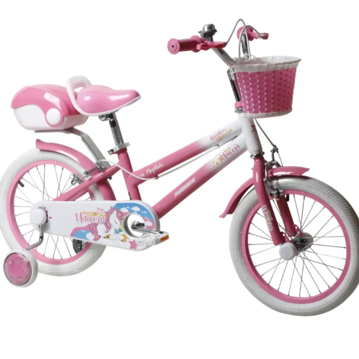 Bicicletta per Bambini 14" Unicorno Rosa Bianco Regolabile con Rotelle