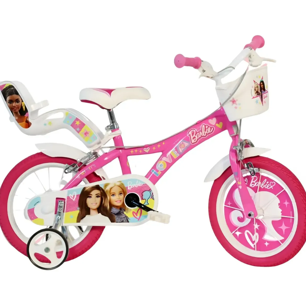 Bicicletta Rotelle Barbie 14" per Bambini Rosa con Cestino Seggiolino