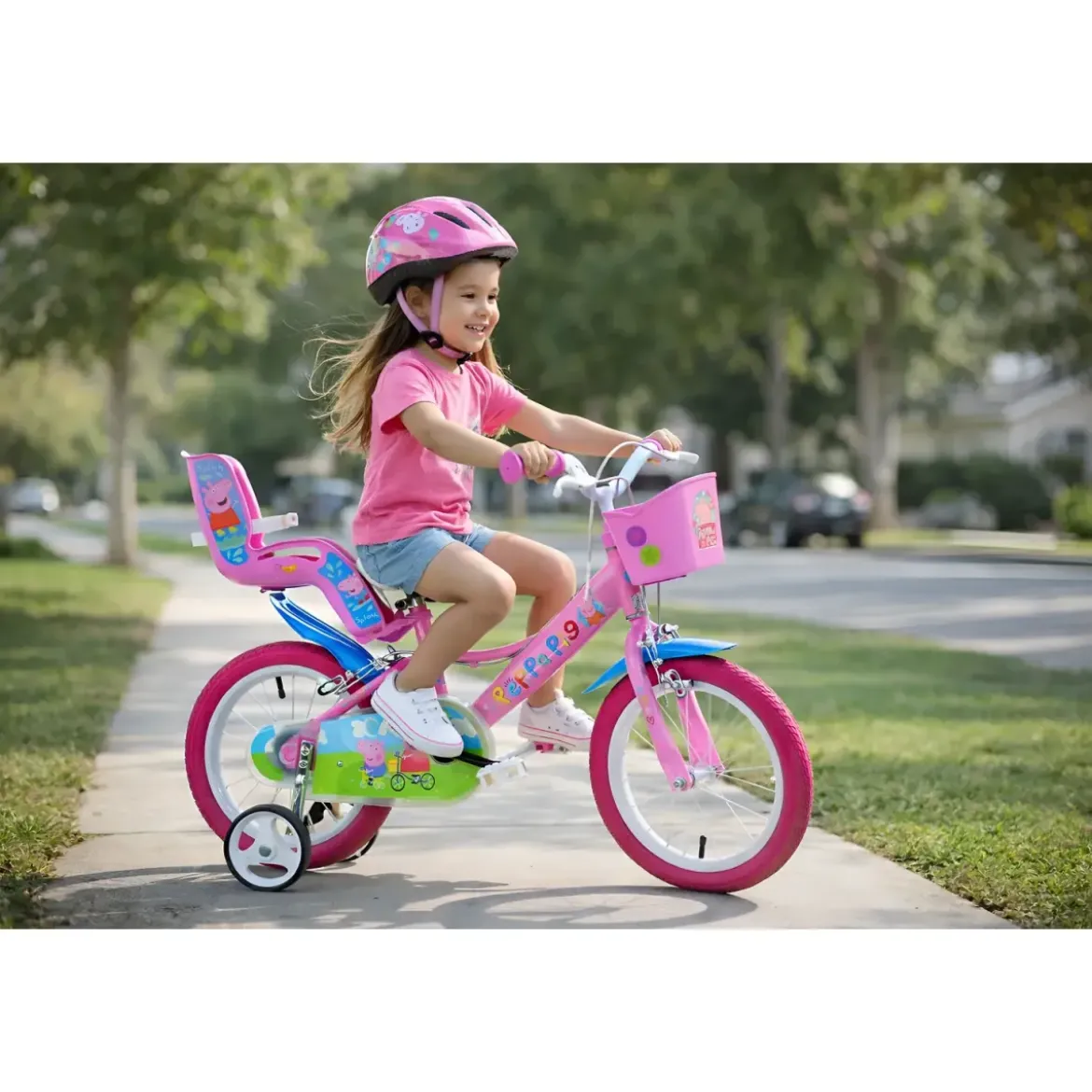 Bicicletta Rotelle 16" per Bambine Peppa Pig Rosa Cestino Seggiolino