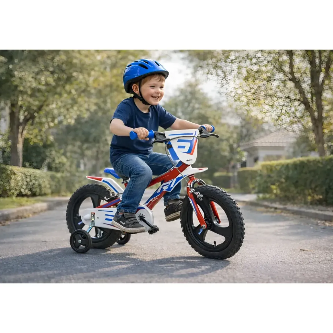 Bicicletta Rotelle per Bambini 14" Gomme Gonfiabili 2 Freni Blu Rosso
