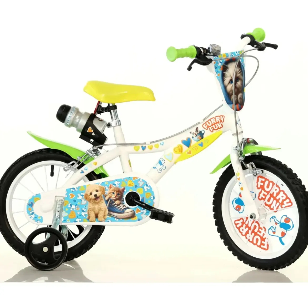 Bicicletta Rotelle per Bambini 14" Furry Fun Bianco Porta Borraccia