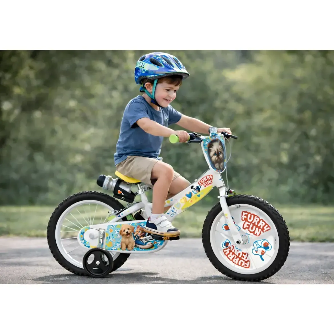 Bicicletta Rotelle per Bambini 14" Furry Fun Bianco Porta Borraccia