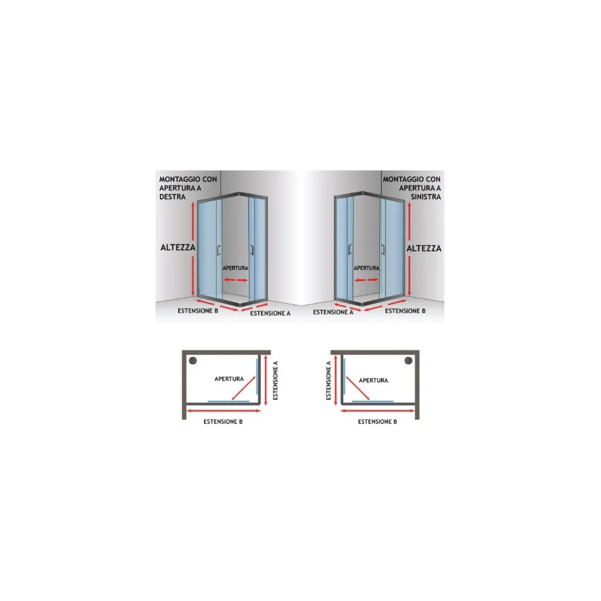 Box Doccia Cristallo 6 mm Vetro Angolo 2 Lati Scorrevole Quadrato Rettangolare