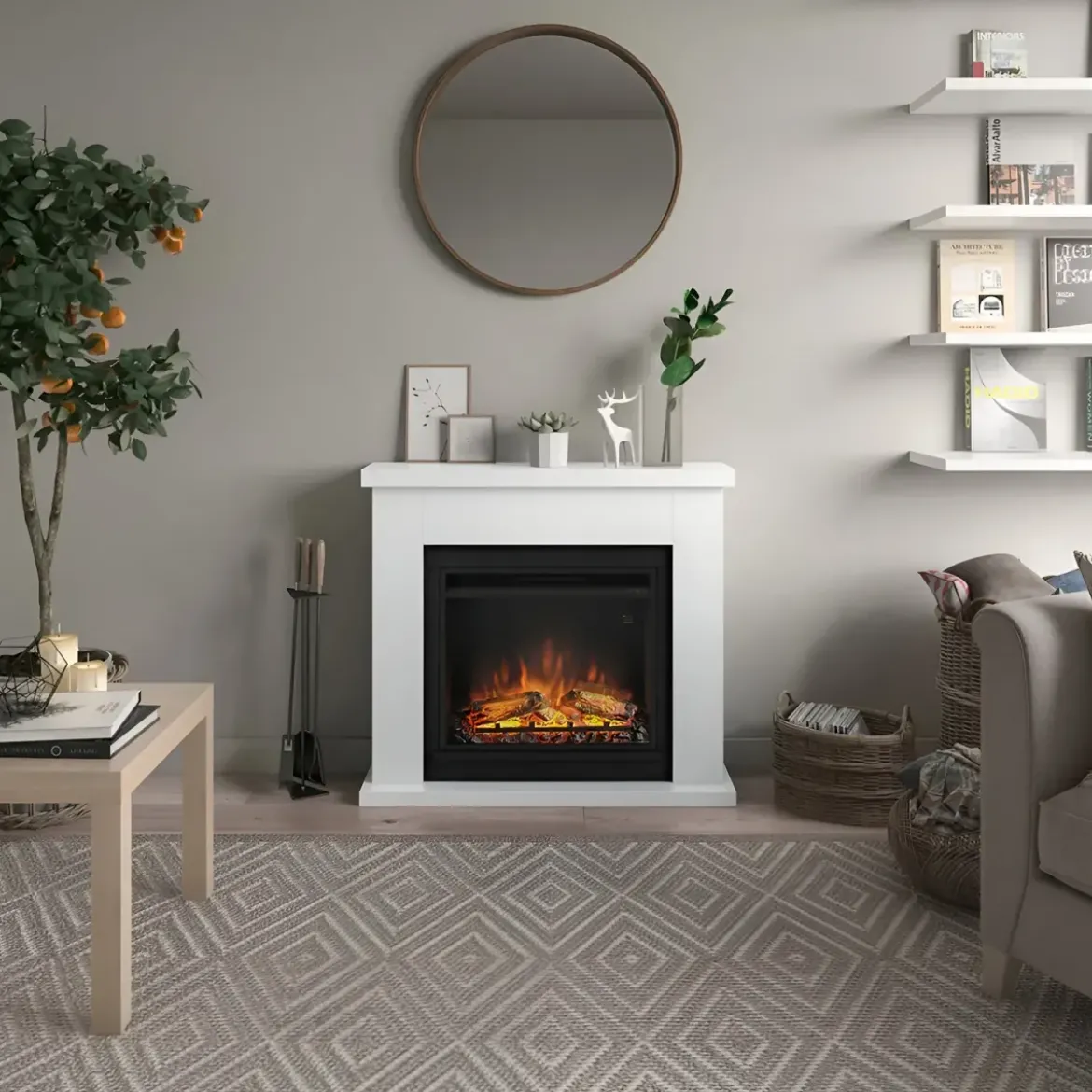 Caminetto Elettrico da Pavimento Tagu Frode con Cornice in Legno Bianco Moderno