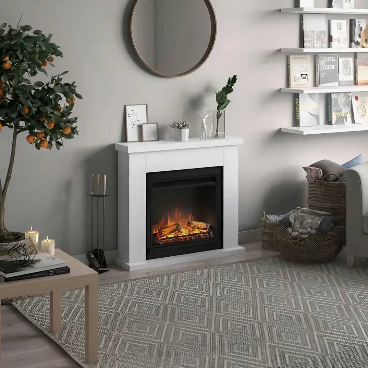 Caminetto Elettrico da Pavimento Tagu Frode con Cornice in Legno Bianco Moderno
