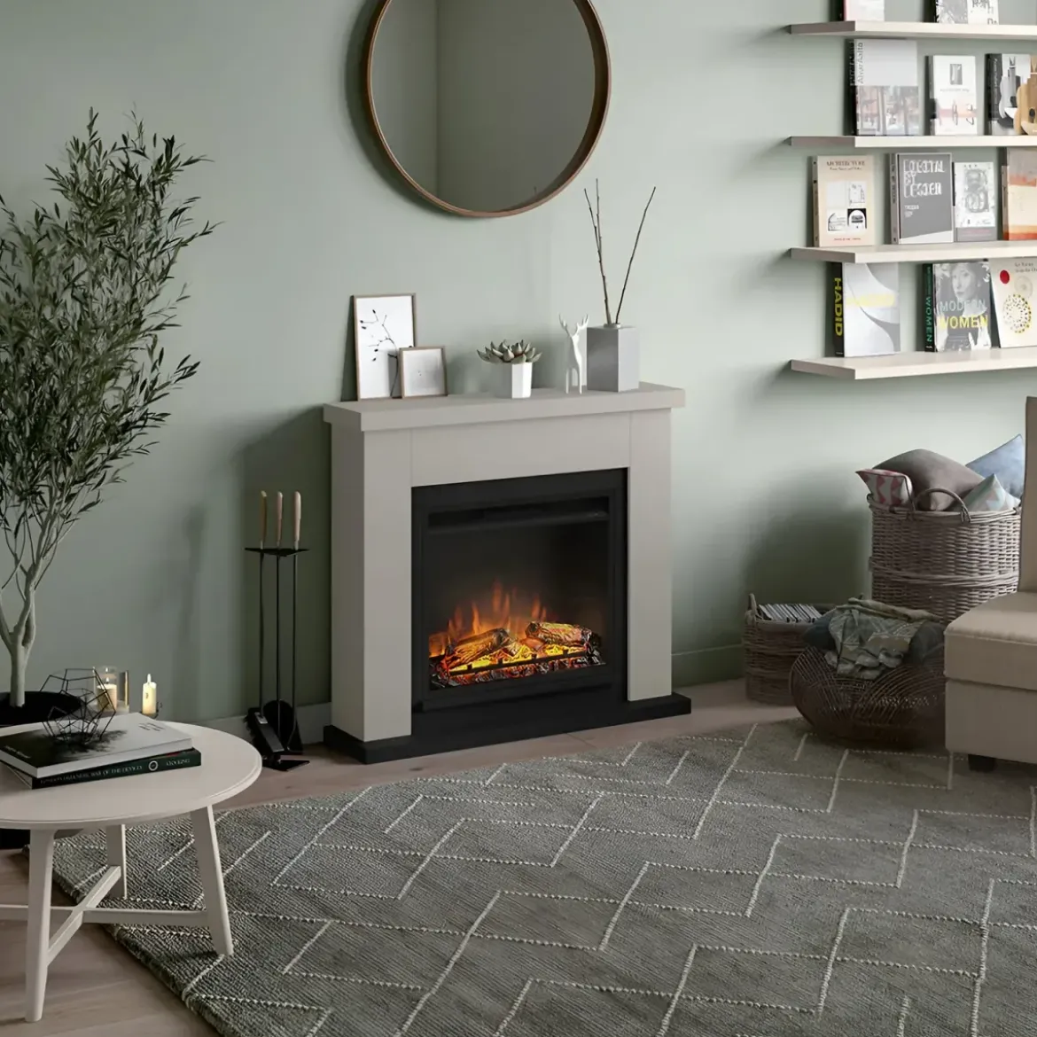 Caminetto Elettrico da Pavimento Tagu Frode con Cornice Decorativa in Legno Beige
