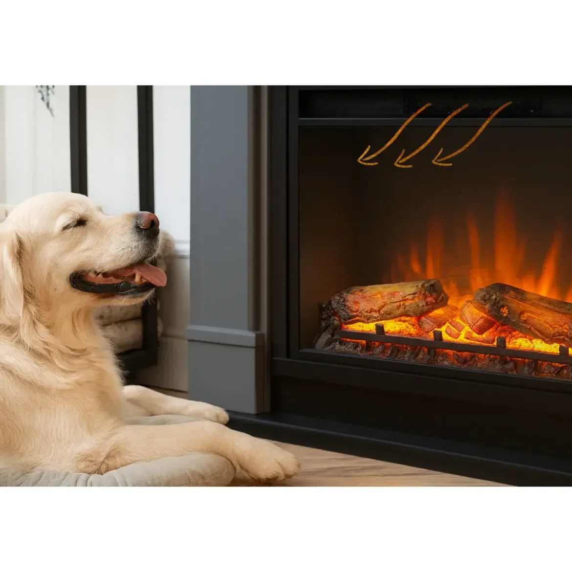 Caminetto Elettrico da Pavimento Tagu Frode con Cornice Decorativa in Legno Beige