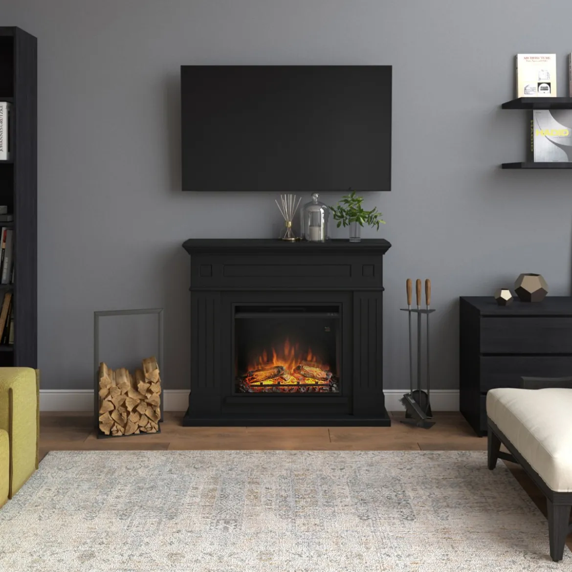 Camino Elettrico con Cornice in Legno Nero Tagu Larsen 1500w e Telecomando