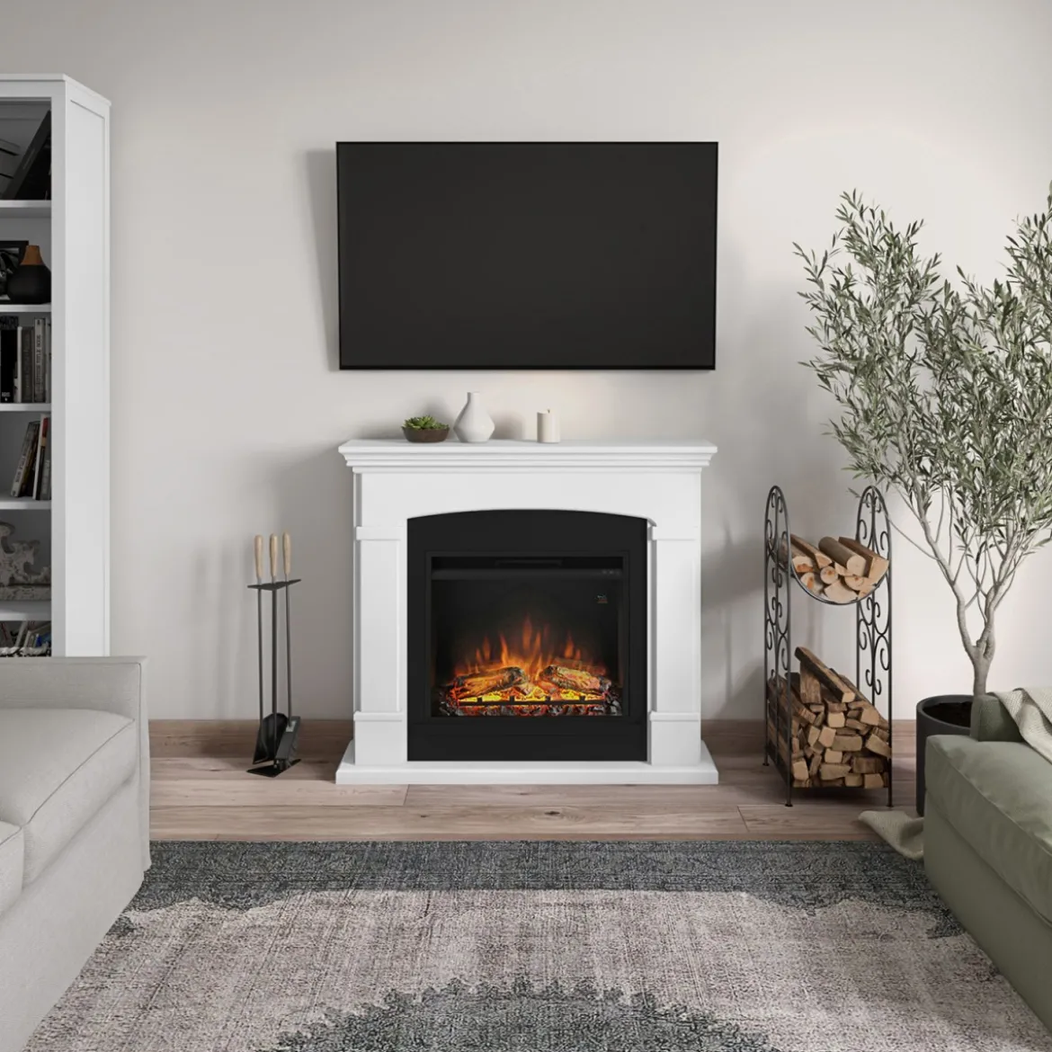 Camino Elettrico da Pavimento Fuoco Finto 1500w Tagu Helmi Bianco