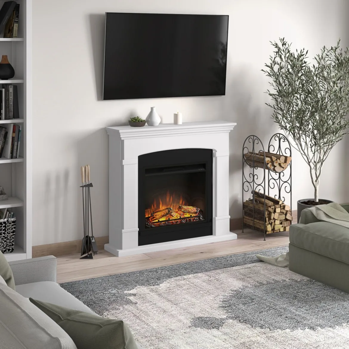 Camino Elettrico da Pavimento Fuoco Finto 1500w Tagu Helmi Bianco