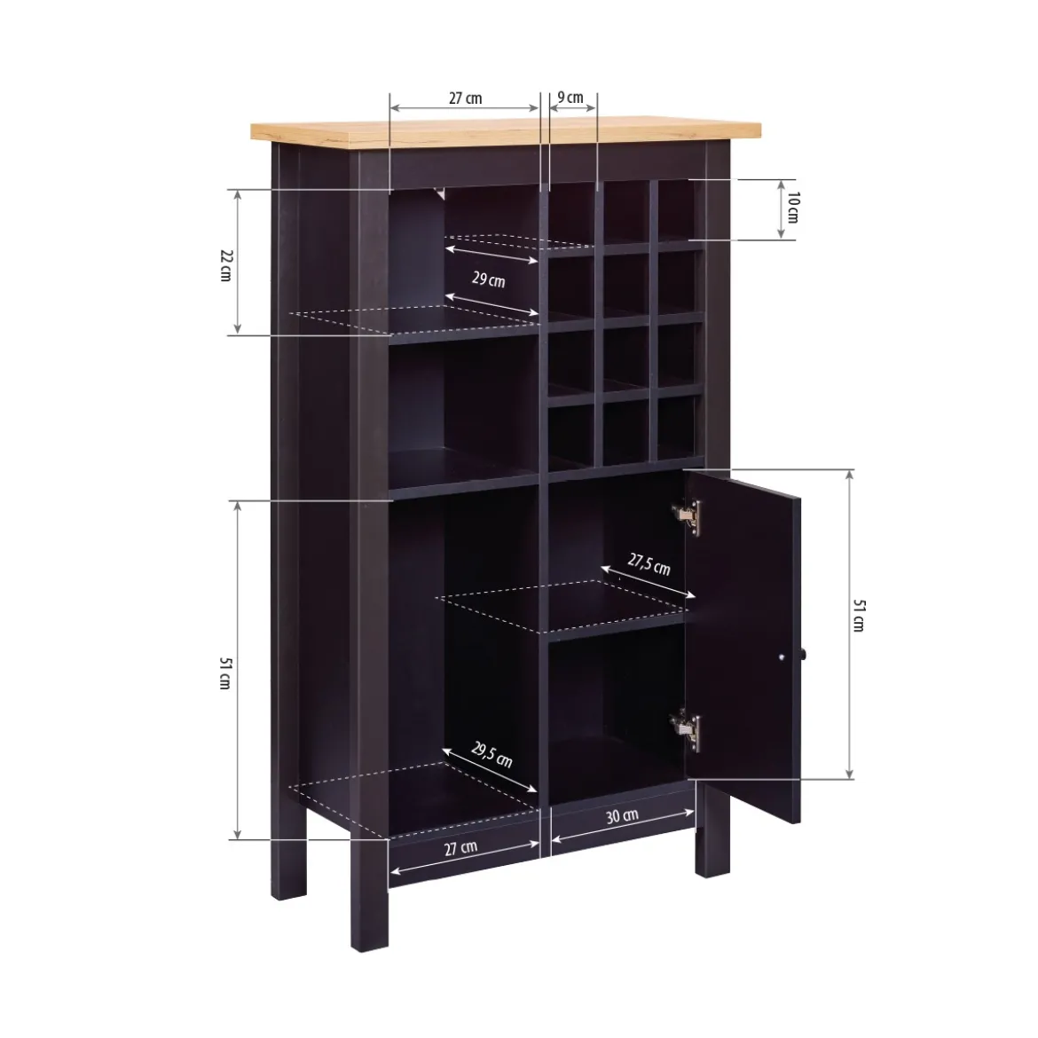 Cantinetta Credenza nera in rovere Porta Bottiglie 76,8x33x124,4 cm