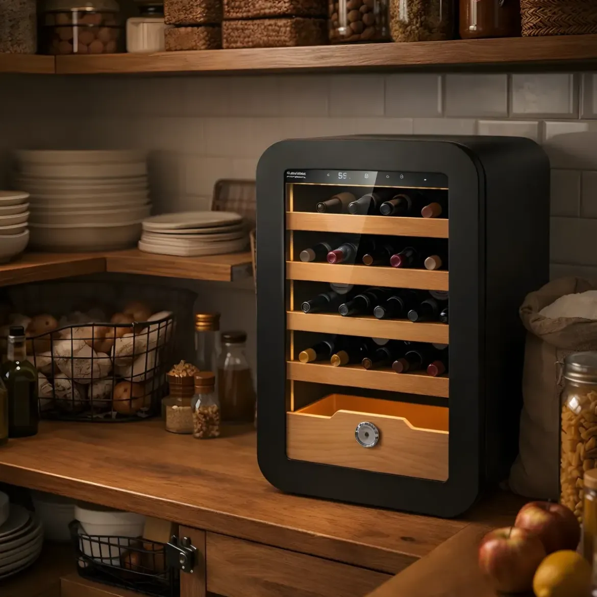 Cantinetta Vino 36 Bottiglie 5 Ripiani in Legno Classe G Nero Luci LED
