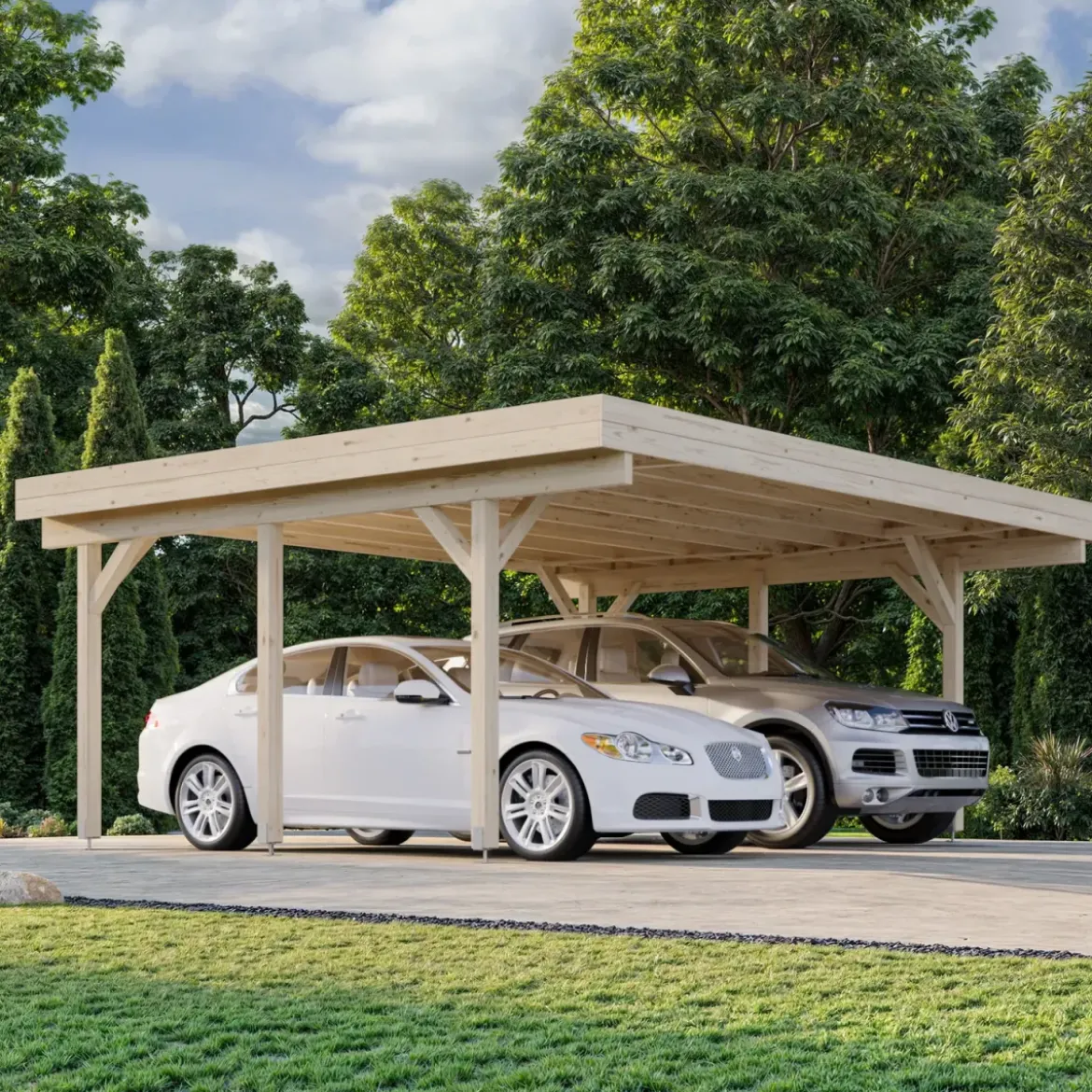 Carport Auto Doppio in Legno Abete Grezzo 600x562x321 cm con Copertura