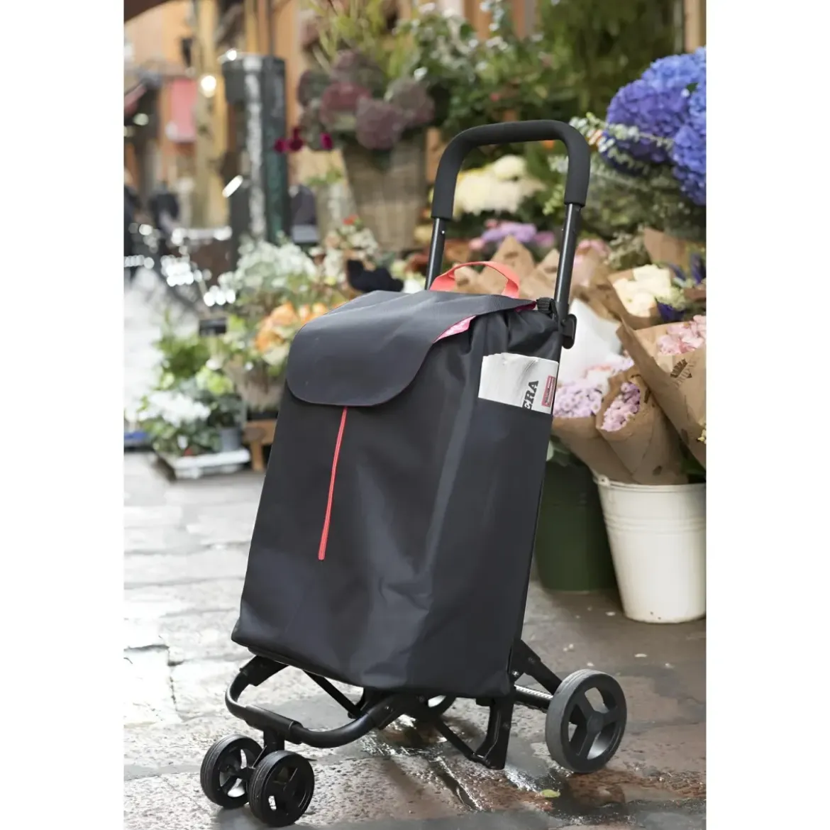 Carrello Spesa Gimi 4 Ruote Pieghevole XL 50L Nero Tasca Interna