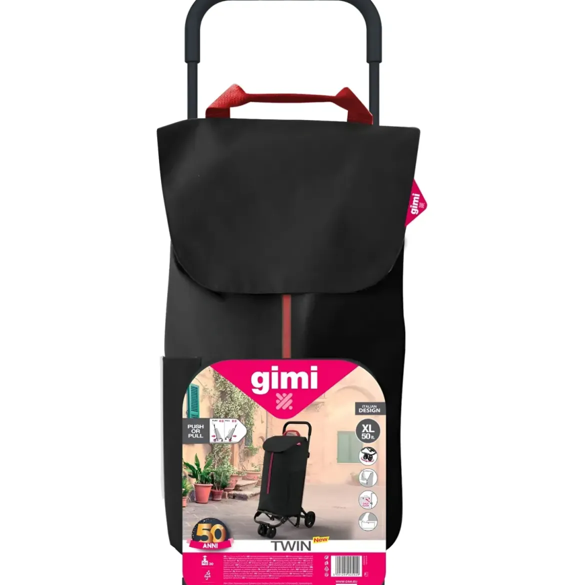 Carrello Spesa Gimi 4 Ruote Pieghevole XL 50L Nero Tasca Interna