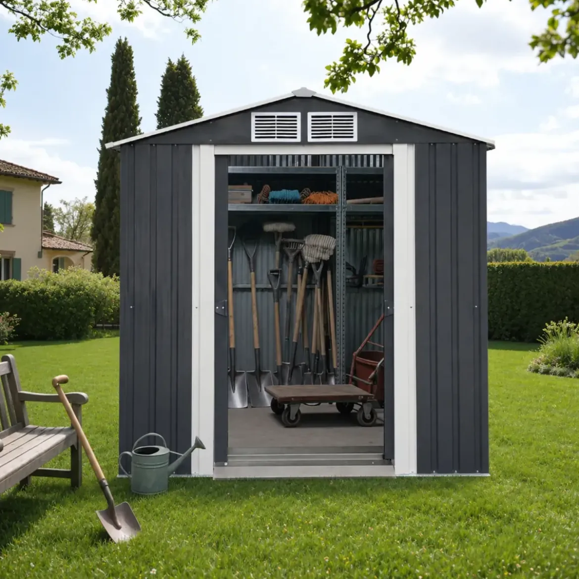Casetta da Giardino in Acciaio Zincato 195x131 cm Doppia Porta Box