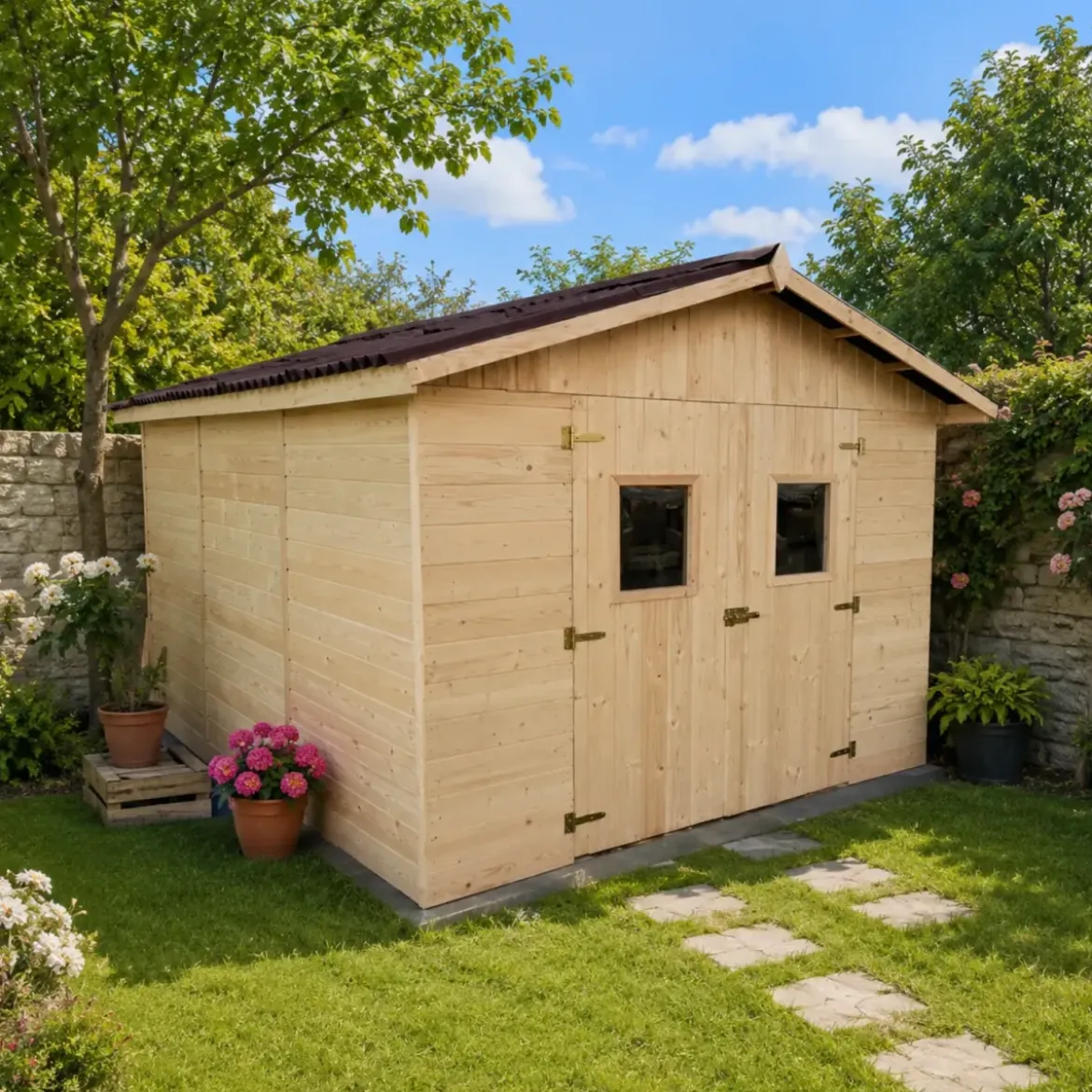 Casetta da Giardino in Legno Grezzo 3x4 m Pannelli 16 mm Porta Doppia