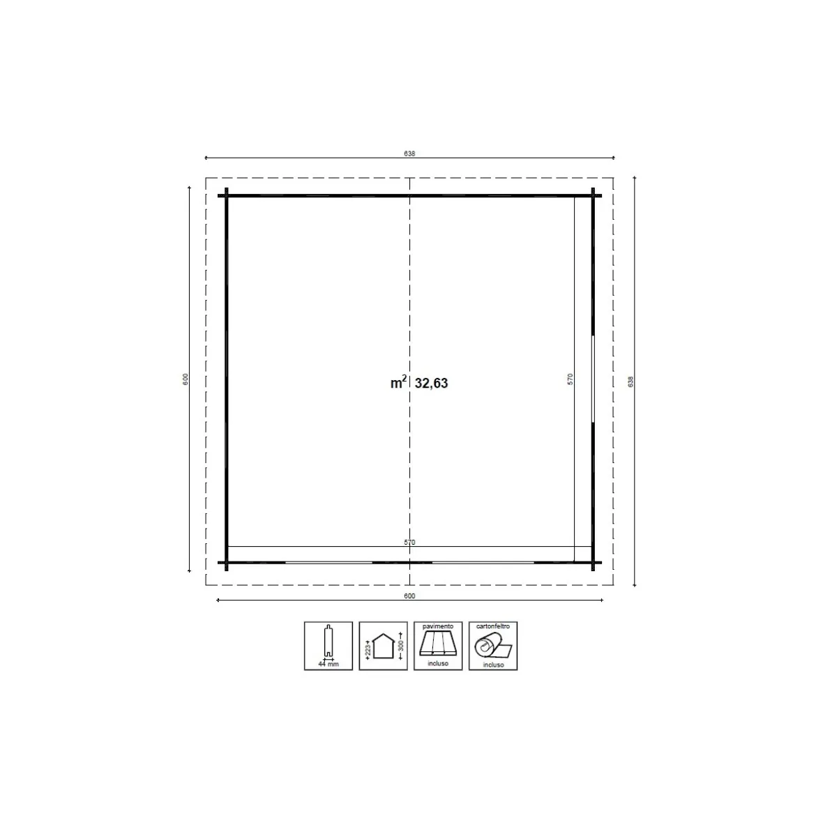 Casetta da Giardino 44 mm in Legno 6x6 infissi con doppio vetro