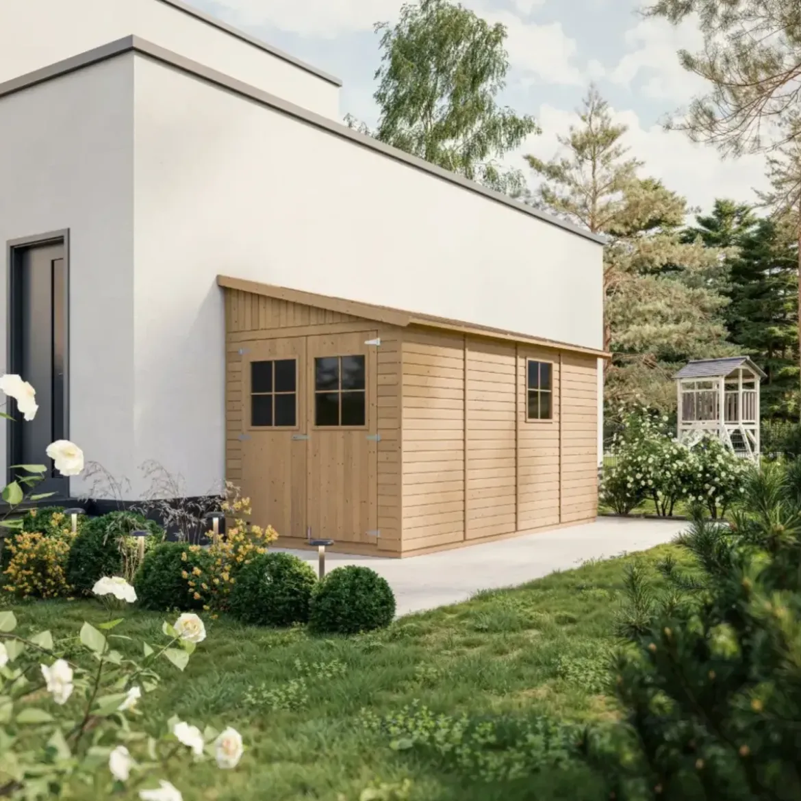 Casetta da Giardino 2x4 m in Legno 17 mm Addossata Aperta Doppia Porta