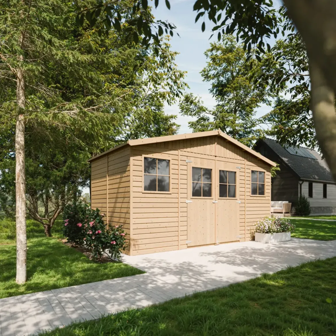 Casetta da Giardino 4x2 m Legno 17 mm Tetto OSB Doppia Porta Finestre