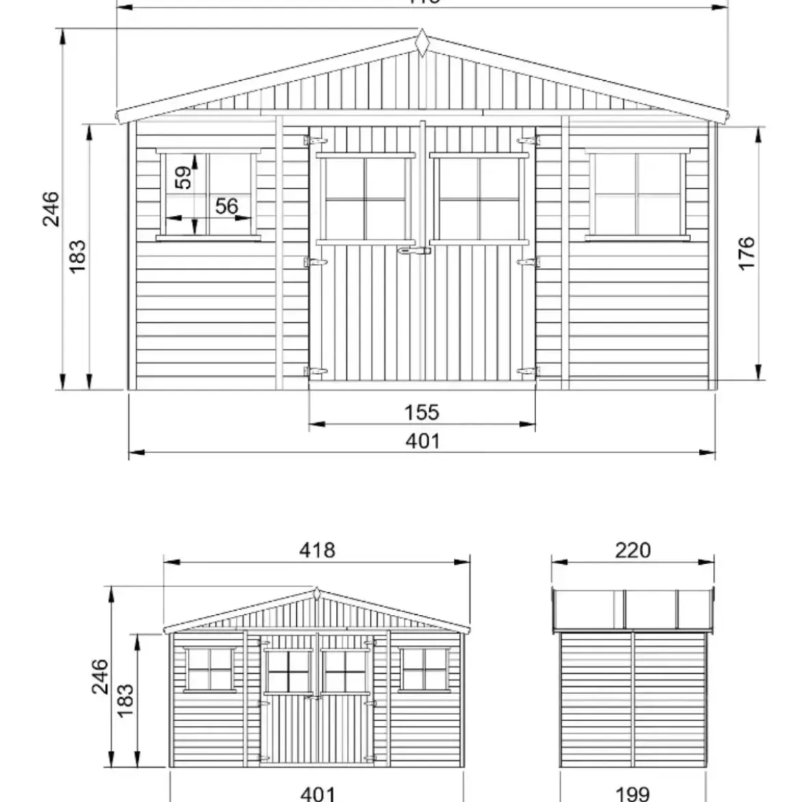 Casetta da Giardino 4x2 m Legno 17 mm Pavimento Doppia Porta Finestre