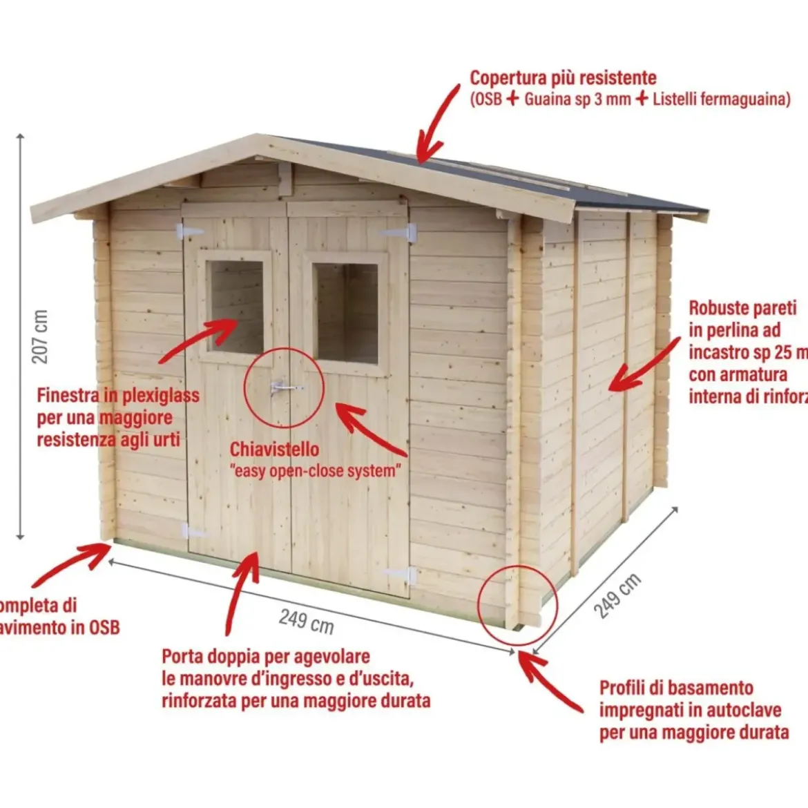 Casetta in Legno Block House 249x249 cm Impermeabile da Giardino