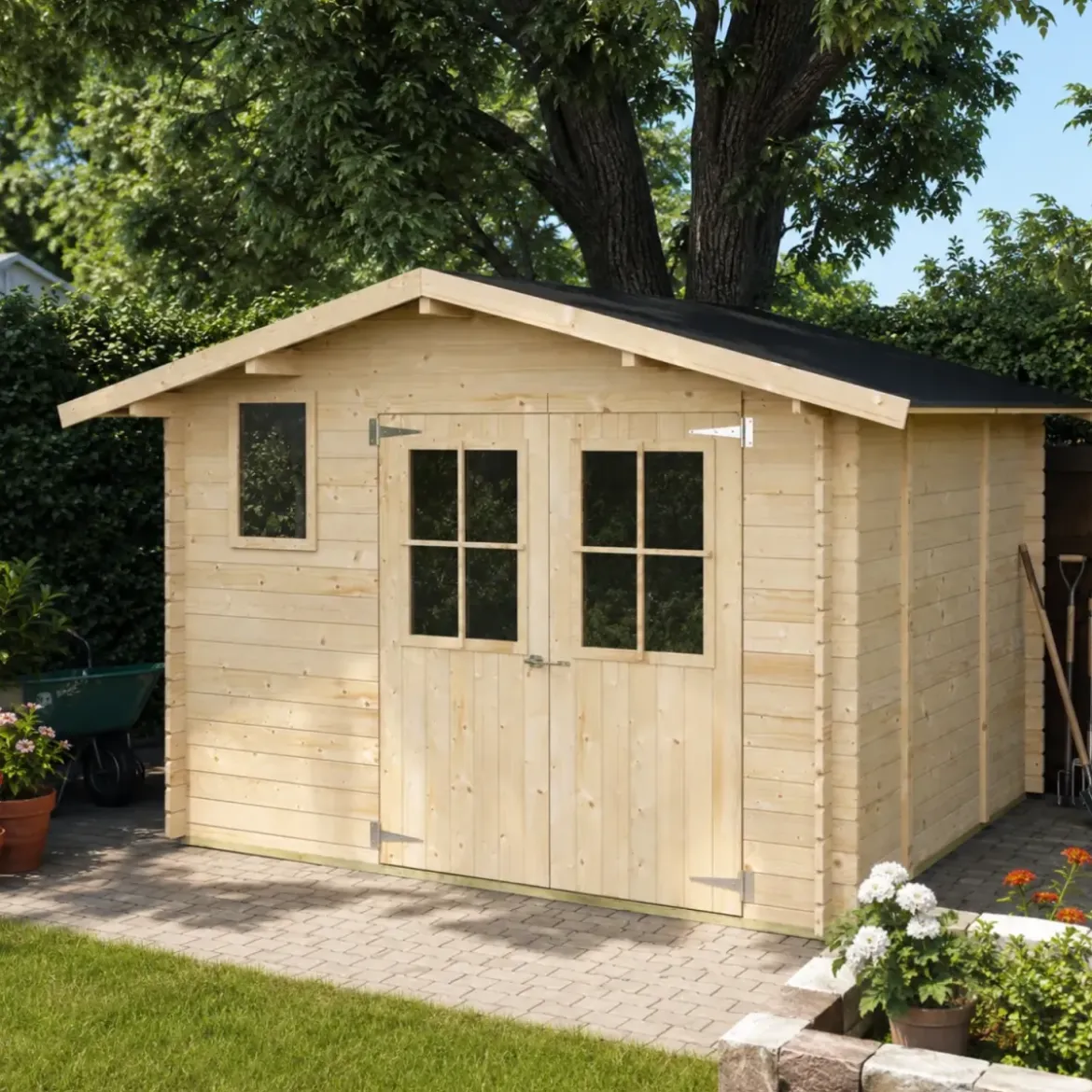 Casetta in Legno con Pavimento 3x3 m Block House Doopia Porta Finestra